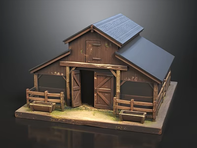 Rustic Vintage Wooden Farm Barn Stable Miniature Scene With Fence And Feeding Troughs 3d model