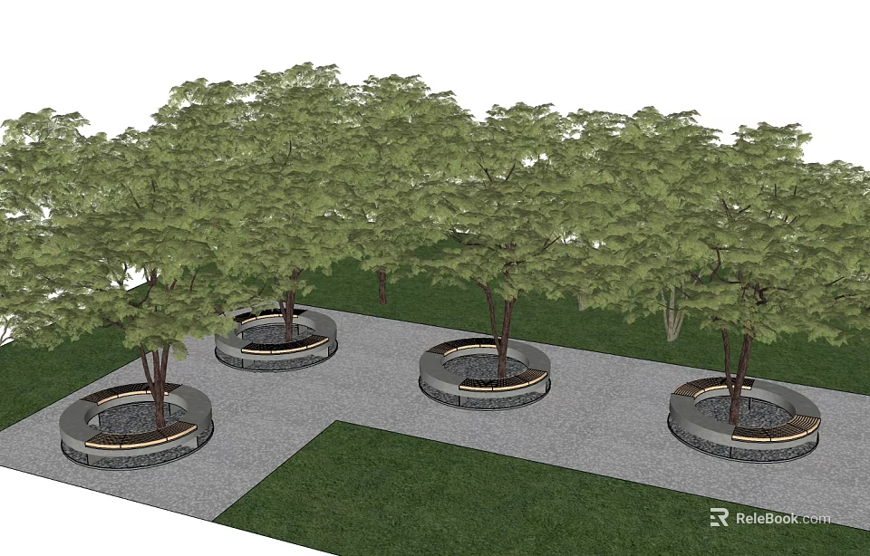 Circular Stone Tree Planters With Green Trees In Landscaped Outdoor Area 3d model 