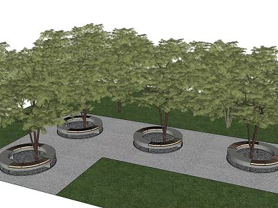 Circular Stone Tree Planters With Green Trees In Landscaped Outdoor Area 3d model