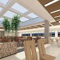 Spacious Canteen Interior Design With Wooden Tables Chairs White Tiles Ceiling Panels And Green Plants