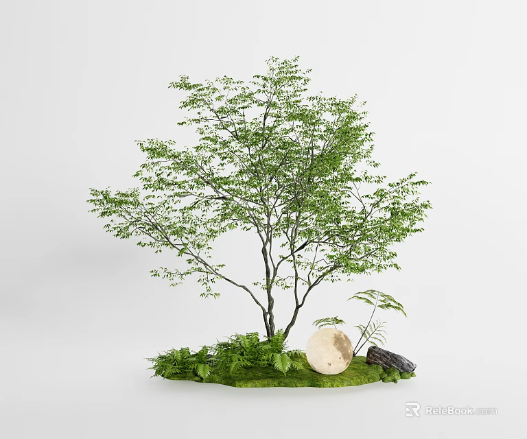 Natural Plant Combination With Tree Green Foliage Mossy Base Round White Stone And Wooden Log 3d model 