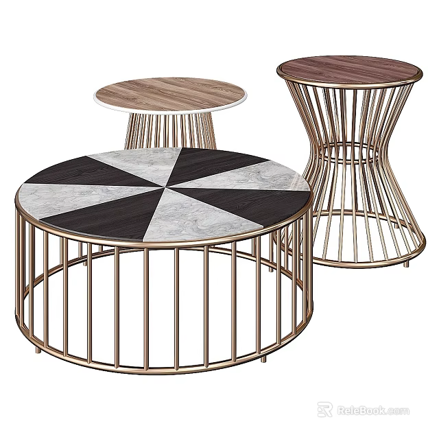 Round Dining Table With Geometric Pattern Marble Top Golden Metal Frame and Wooden Small Tables 3d model 