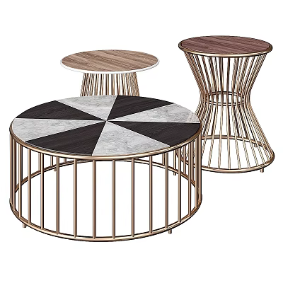 Round Dining Table With Geometric Pattern Marble Top Golden Metal Frame and Wooden Small Tables 3d model