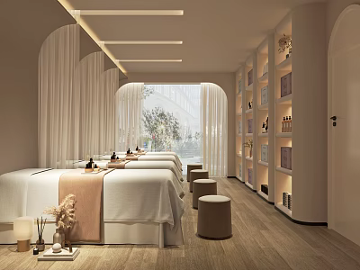 Serene SPA Sauna Room Interior With Massage Beds Curtains And Wooden Shelves 3d model