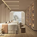 Serene SPA Sauna Room Interior With Massage Beds Curtains And Wooden Shelves
