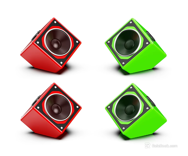 Four Red and Green Cube Shaped Speakers for Audio Playback 3d model