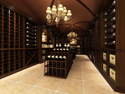 Elegant Wine Cellar Interior With Wooden Racks Chandeliers And Arranged Wine Bottles On Tile Floor 3d model