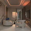Modern Leisure Room Interior With Marble Walls White Sofa Blue Cushions And White Armchair