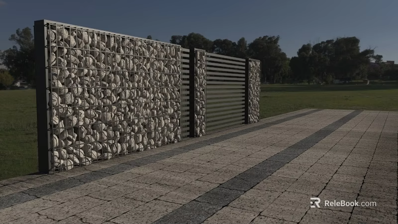Exterior Building Wall With Irregular Stone Cladding Vertical Metal Stripe Paved Walkway Green Lawn Trees 3d model 