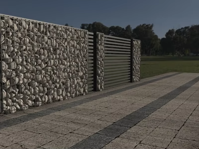 Exterior Building Wall With Irregular Stone Cladding Vertical Metal Stripe Paved Walkway Green Lawn Trees 3d model
