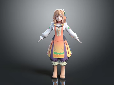 Cute Game Movie Character With Pink Hair White Top And Orange Gradient Apron 3d model