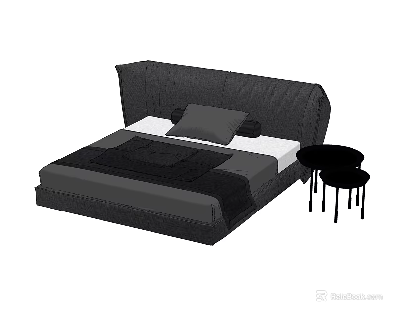 Modern Double Bed with Dark Headboard Gray Black Bedding and Side Tables 3d model