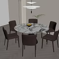 Elegant Dining Room With Round Marble Table Six Dark Chairs And Hanging Lamp