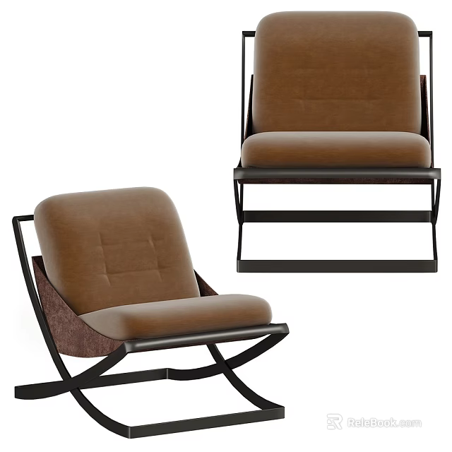 Modern Leisure Chair With Brown Upholstery And Black Metal Frame Design 3d model 