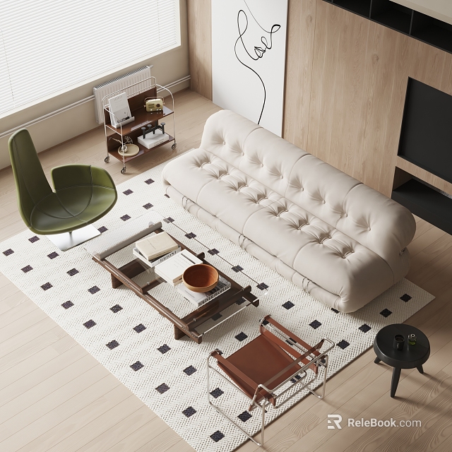 Stylish Beige Sofa and Brown Coffee Table Set in Modern Living Room with Checkered Rug 3d model 