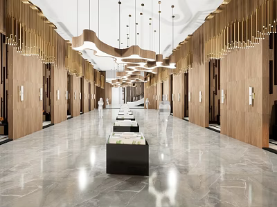 Elegant Modern Lounge Area Interior With Wooden Walls Hanging Lights And Marble Floor 3d model