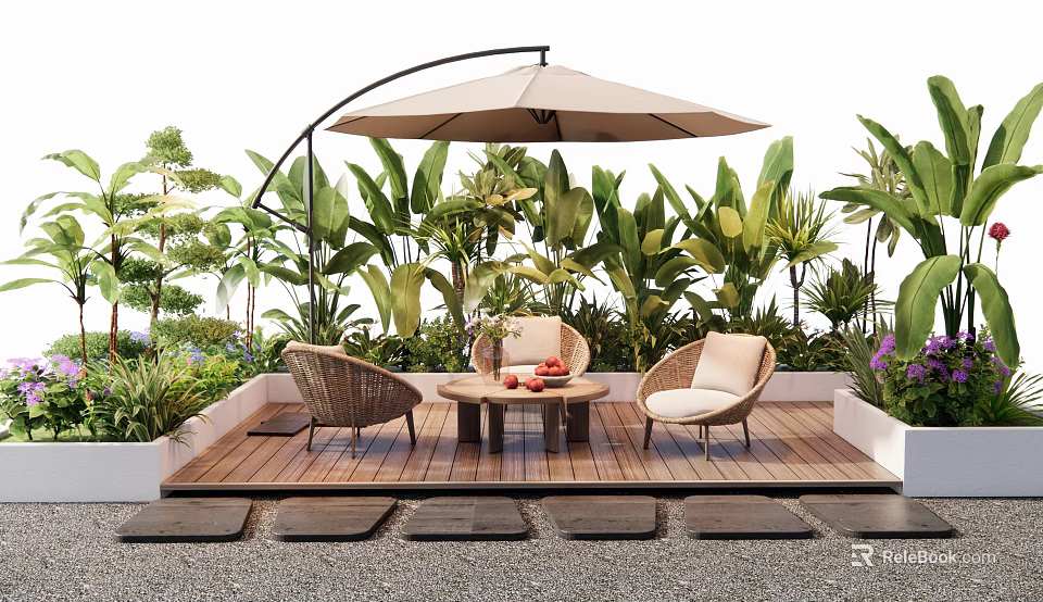 Rattan Outdoor Chairs With Table And Large Umbrella On Wooden Deck Surrounded By Green Plants 3d model 