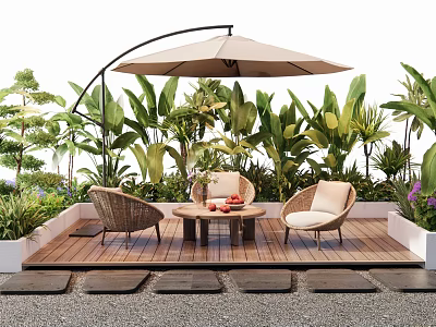 Rattan Outdoor Chairs With Table And Large Umbrella On Wooden Deck Surrounded By Green Plants 3d model