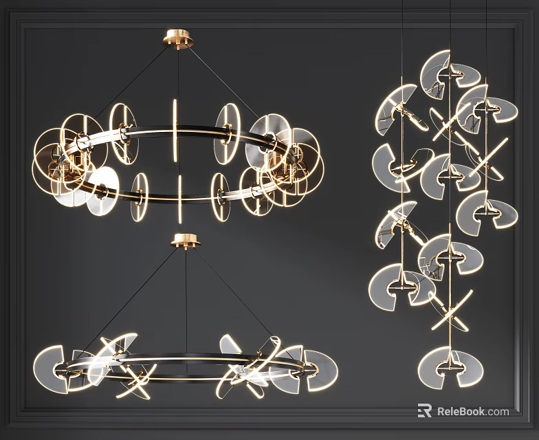 Modern Stylish Chandeliers With Gold Metal Frame And Transparent Acrylic Disk Elements 3d model