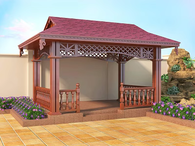 Wooden Pavilion With Red Roof Carved Lattice Design And Purple Flowers Yellow Tiled Floor 3d model
