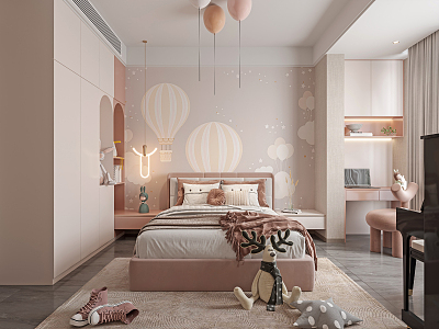 Modern Children's Room Bedroom Desk Dresser Wardrobe Pink Doll Toy Chandelier 3d model