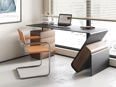 Modern Home Office Desk And Chair Set With Laptop And Window View 3d model