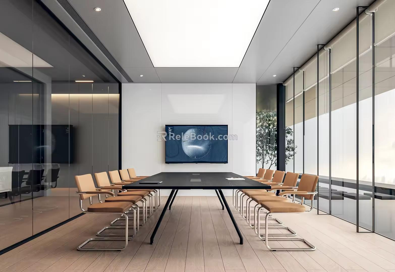 Modern conference room meeting table and chair combination floor-to-ceiling window display office chair 3d model