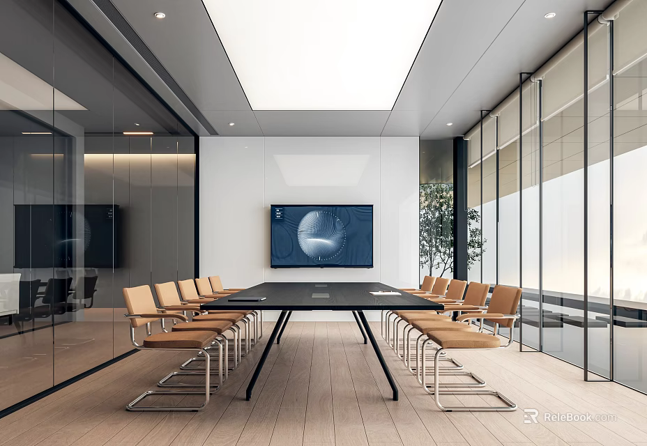 Modern Professional Meeting Room Interior With Long Table TV Screen Glass Walls And Wooden Floor 3d model 