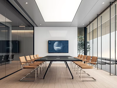 Modern Professional Meeting Room Interior With Long Table TV Screen Glass Walls And Wooden Floor 3d model