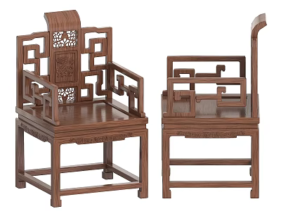 Traditional Chinese Wooden Armchairs With Intricate Carved Patterns And Lattice Backrests 3d model