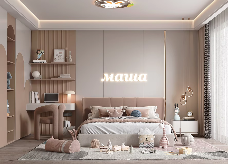 Soft Toned Kids Room Interior With Neon Sign Bed Shelves Desk And Toys 3d model 