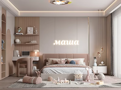 Soft Toned Kids Room Interior With Neon Sign Bed Shelves Desk And Toys 3d model