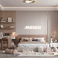 Soft Toned Kids Room Interior With Neon Sign Bed Shelves Desk And Toys