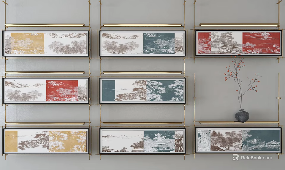 Multiple Landscape Paintings With Various Colors And Decorative Frames On Wall 3d model