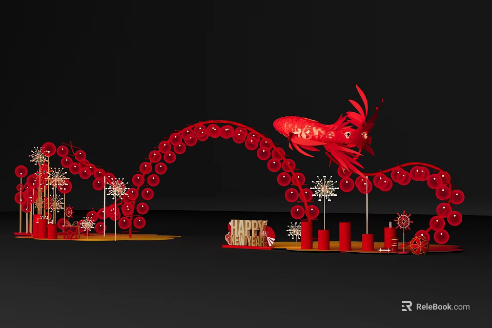 Red Event Entrance Arch With Fish Decoration Lanterns HAPPY Sign Pillars And Firework Ornaments 3d model 