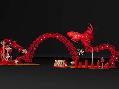 Red Event Entrance Arch With Fish Decoration Lanterns HAPPY Sign Pillars And Firework Ornaments 3d model