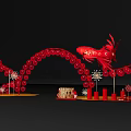Red Event Entrance Arch With Fish Decoration Lanterns HAPPY Sign Pillars And Firework Ornaments