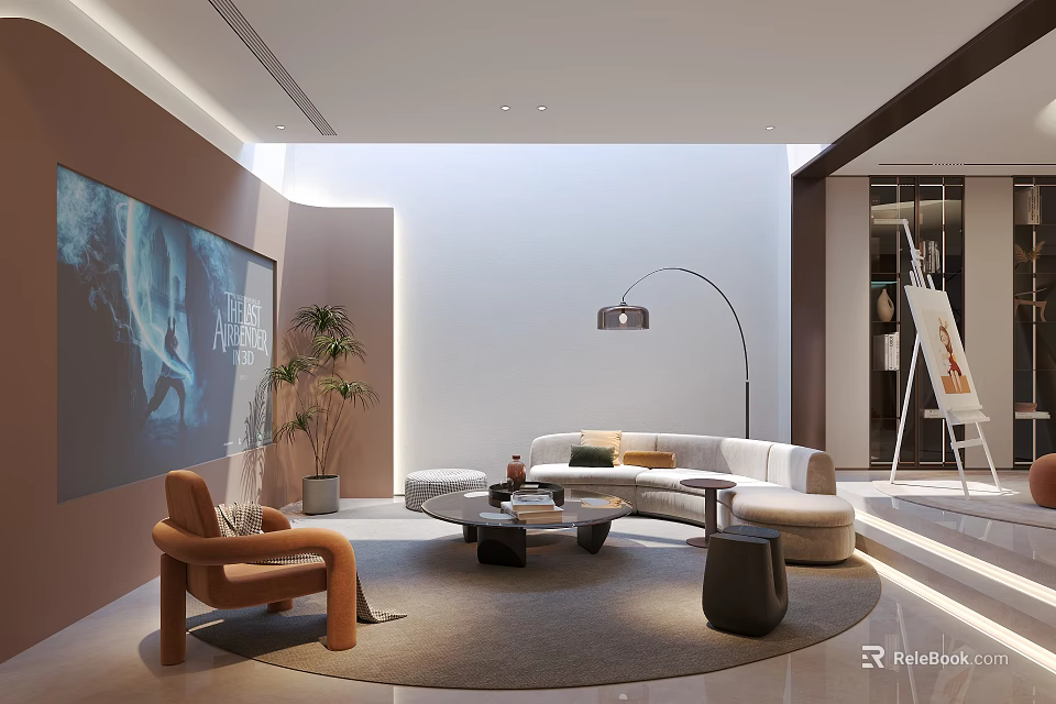 Modern Home Theater Interior With Large Screen Round Sofa Armchair And Plants 3d model 