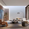 Modern Home Theater Interior With Large Screen Round Sofa Armchair And Plants