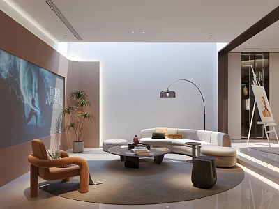 Modern Home Theater Interior With Large Screen Round Sofa Armchair And Plants 3d model