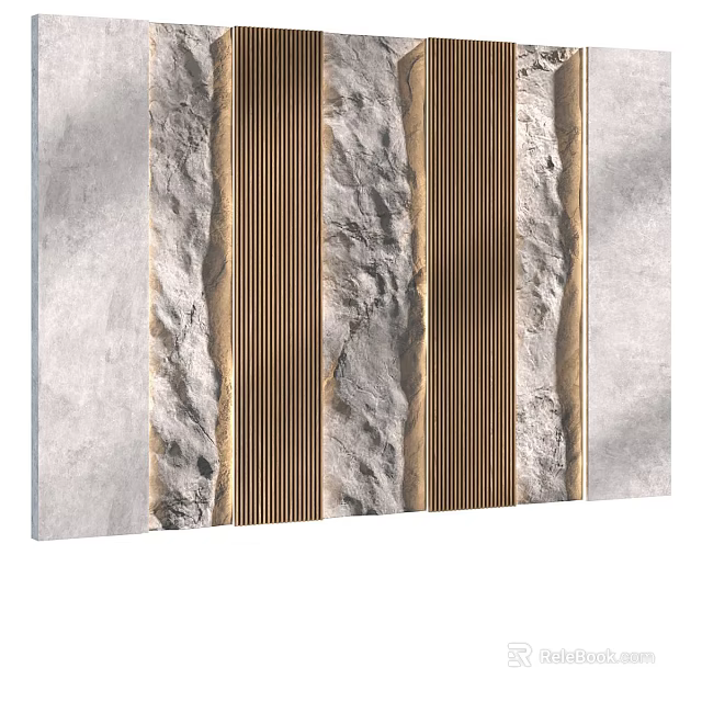 Textured Stone Background Wall With Golden Vertical Stripes And Gray Panels 3d model