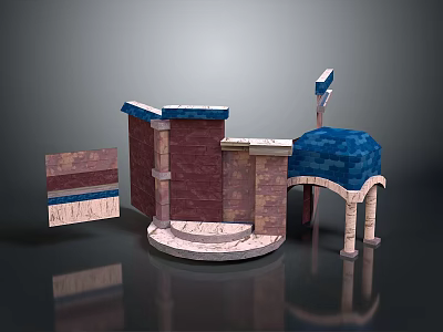 Elaborate Architectural Model With Red Brick Walls Blue Roof Arched Doorway And Steps 3d model