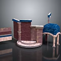 Elaborate Architectural Model With Red Brick Walls Blue Roof Arched Doorway And Steps