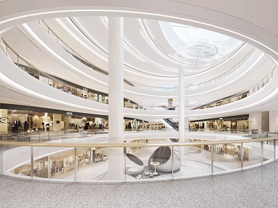 Modern Shopping Mall Atrium Interior Featuring Multi Level Design Glass Railings And Skylight 3d model