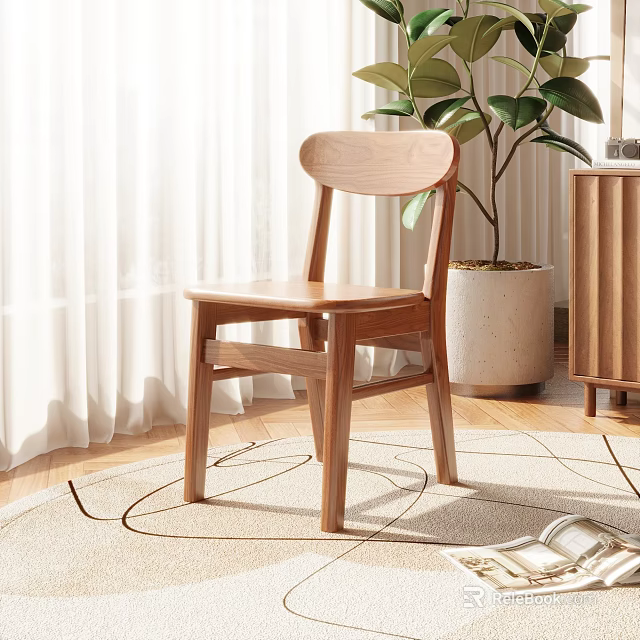 Natural Wood Dining Chair Curved Back In Bright Room With Green Plant And Wood Floor 3d model 