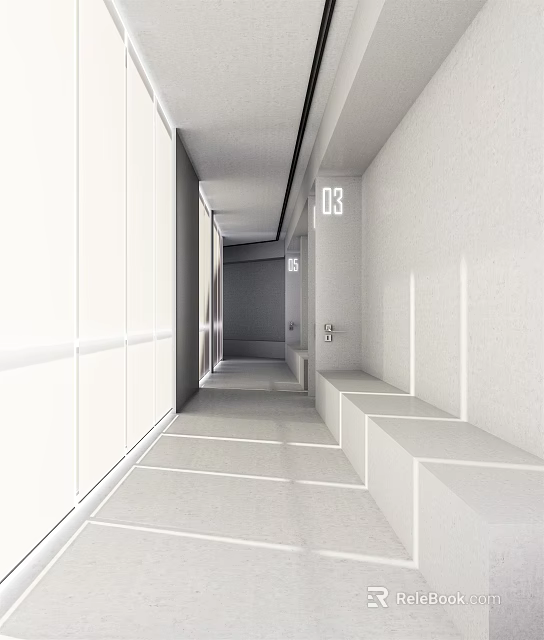 Modern Elevator Hallway Interior With White Walls Smooth Floor And Bench Seating 3d model 