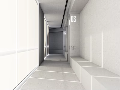 Modern Elevator Hallway Interior With White Walls Smooth Floor And Bench Seating 3d model