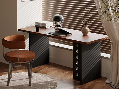 Wooden Desk With Brown Chair Table Lamp Notebook And Window Curtain 3d model