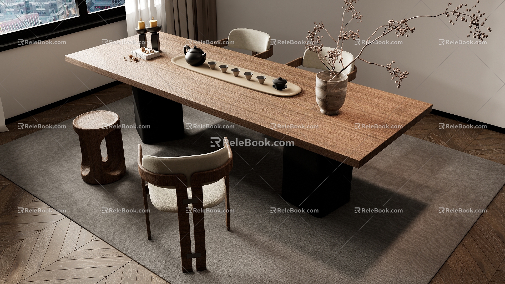 New Chinese Zen Tea Table and Chair Combination 3d model