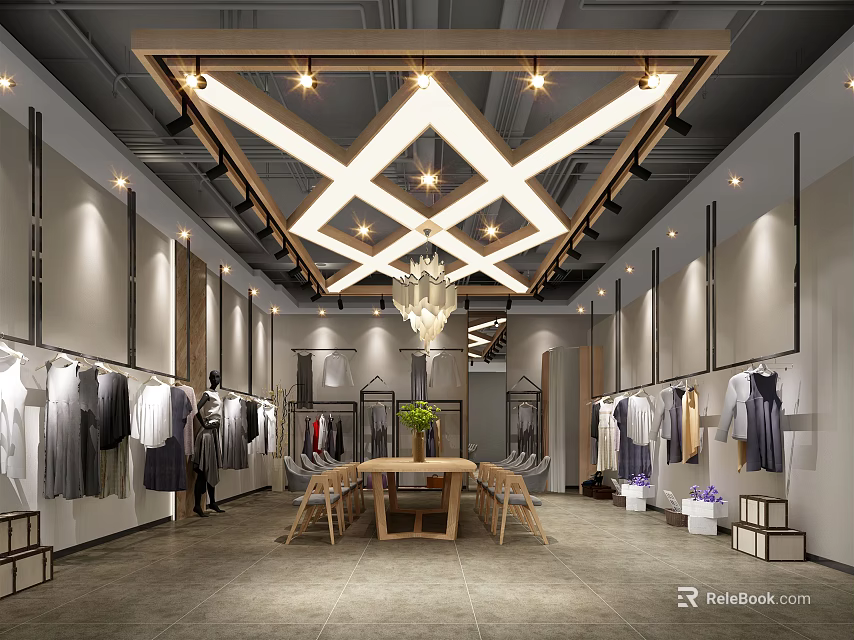 Stylish Clothing Store with Modern Ceiling Design Clothing Displays on Racks Wooden Table and Chairs 3d model 